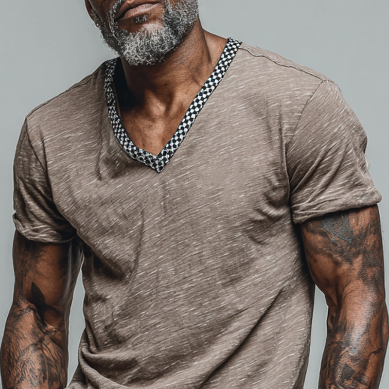 Men's Cotton Blend Plaid Print V-neck Short-sleeved T-shirt MTA1962F8X