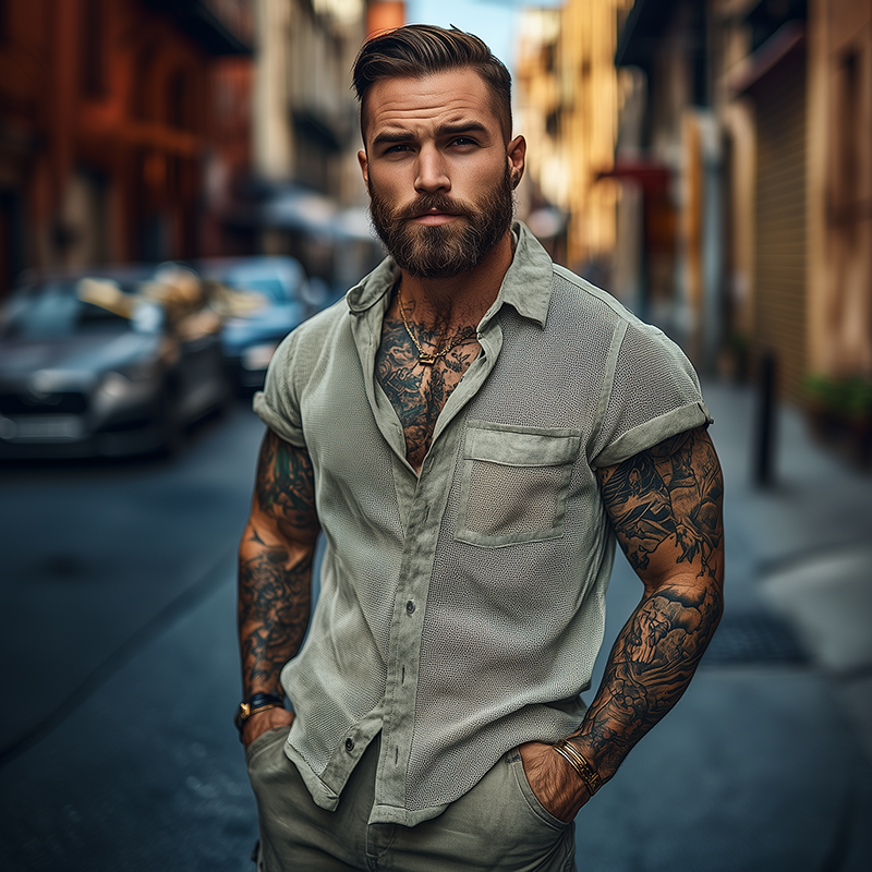 Men's Retro Mesh Splicing Lapel Short Sleeve Shirt MTA2693F9TO