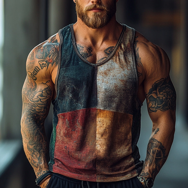 Men's Vintage Color Block Print Crew Neck Vest Top MTA0825E4X