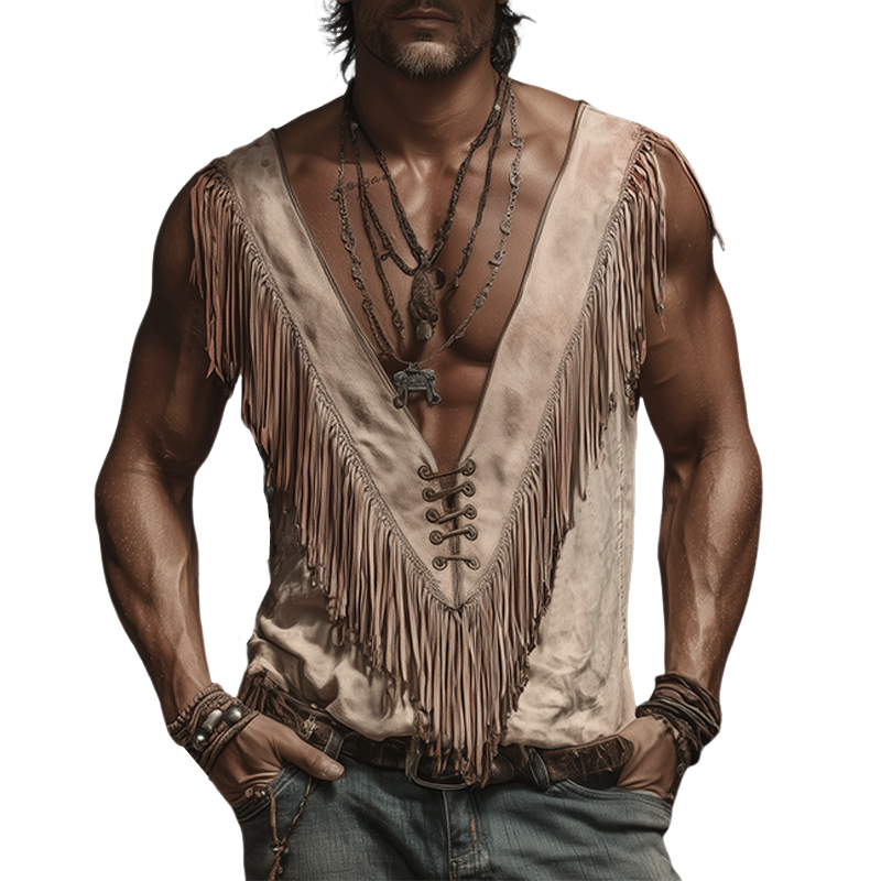 Men's Spring And Summer New American Retro Western Denim Thin Suede Tassel Deep V-neck Tank Top MTA1890F3K