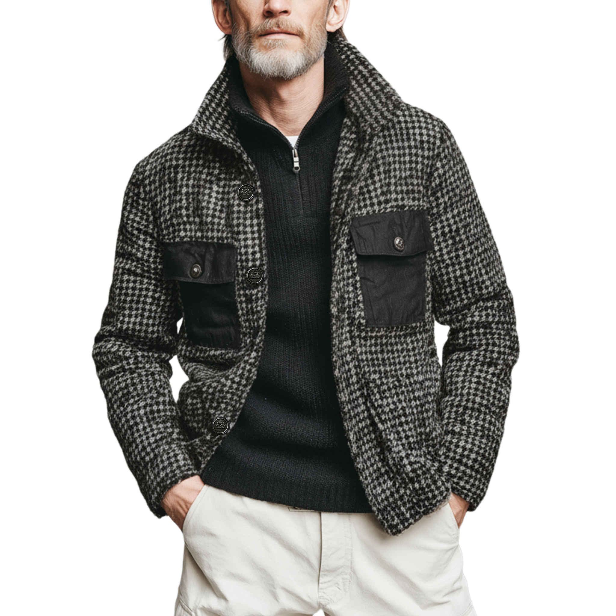 Men's Classic Casual Pocket Cotton Blend Stand Collar Faux Houndstooth Wool Jacket MTA1683J6K