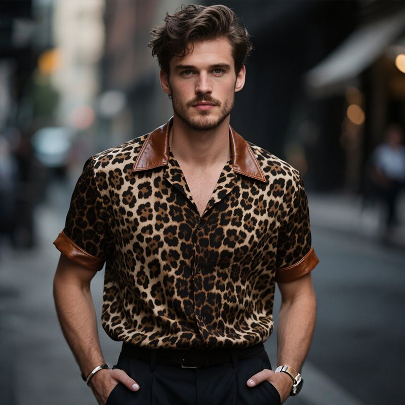 Men's Retro Casual Leopard Print Leather Lapel Short Sleeve Shirt MTA0726G4TO