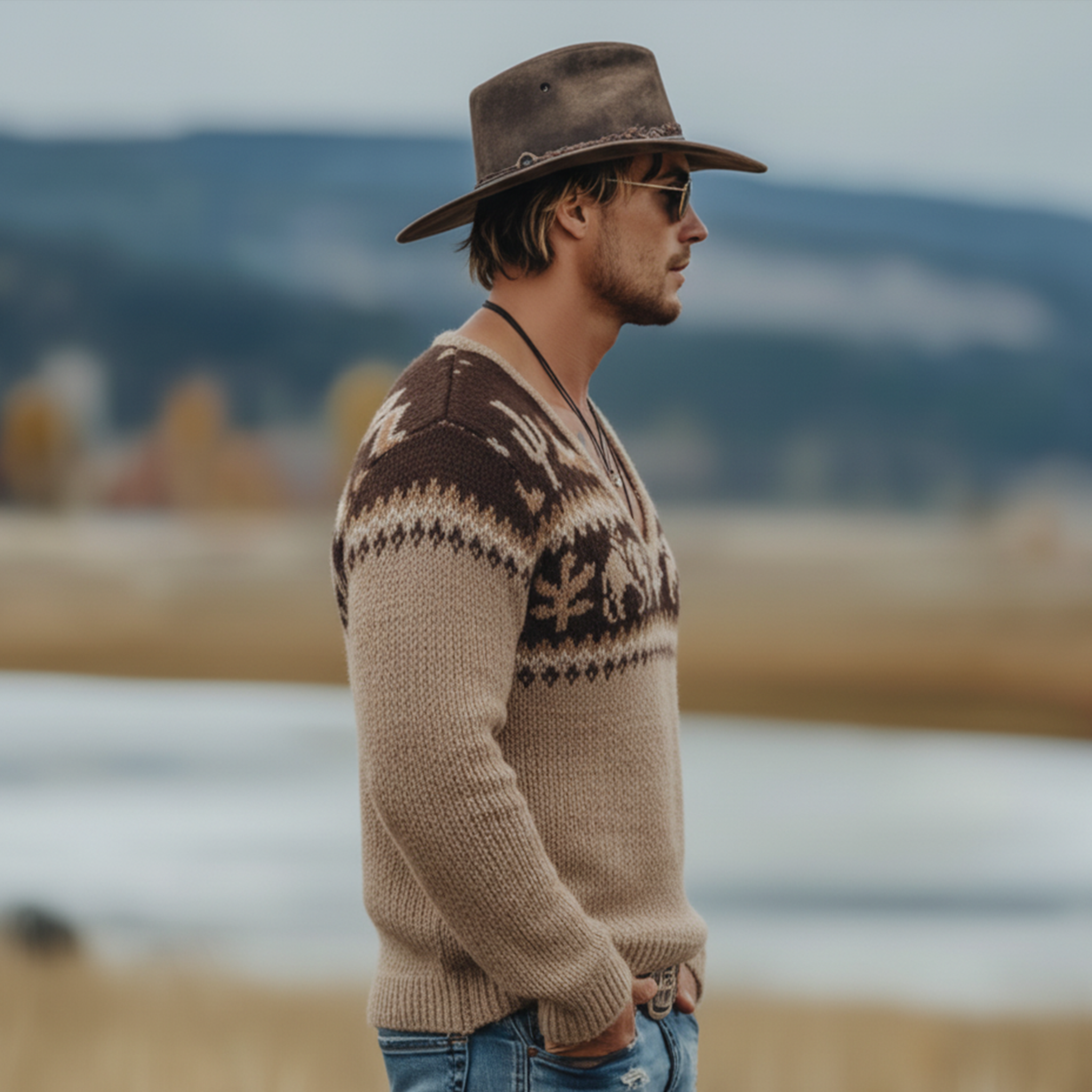 Men's Classic Retro Western Style Jacquard Deep V-neck Sweater MTA3019K1K