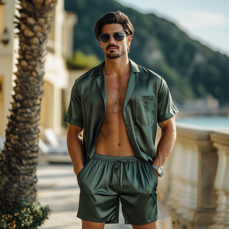Men's Elegant Sedin Lapel Patch Pocket Slim Short-sleeved Shirt Elastic Waist Shorts Set MTA1341F3M