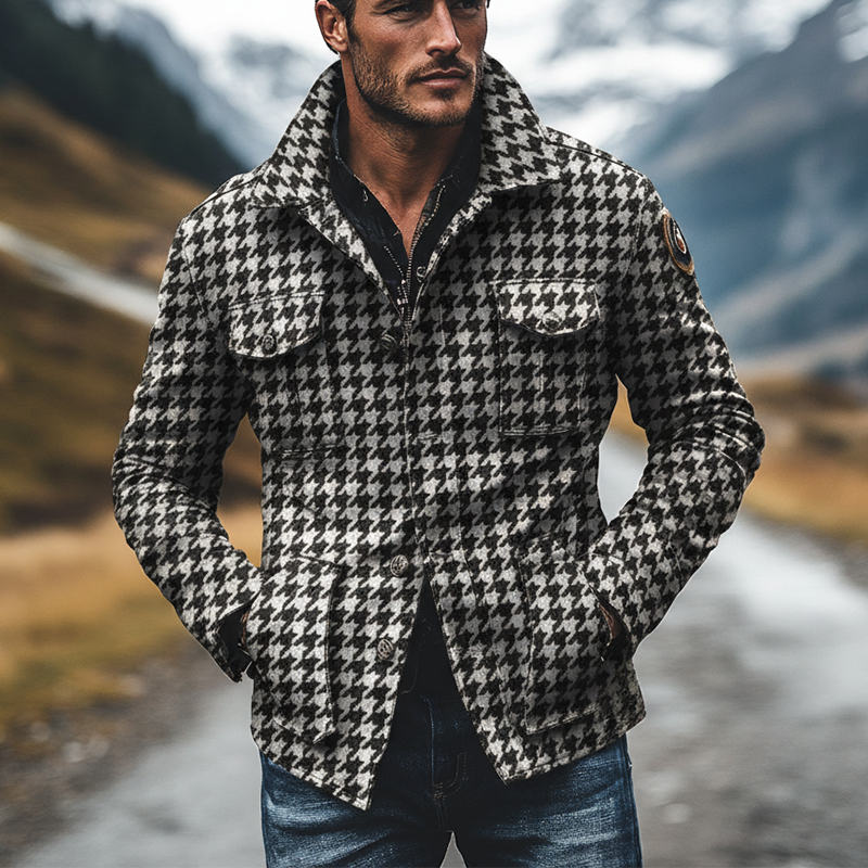 Men's Houndstooth Jacquard Lapel Multi-Pocket Jacket MTA2417I0X