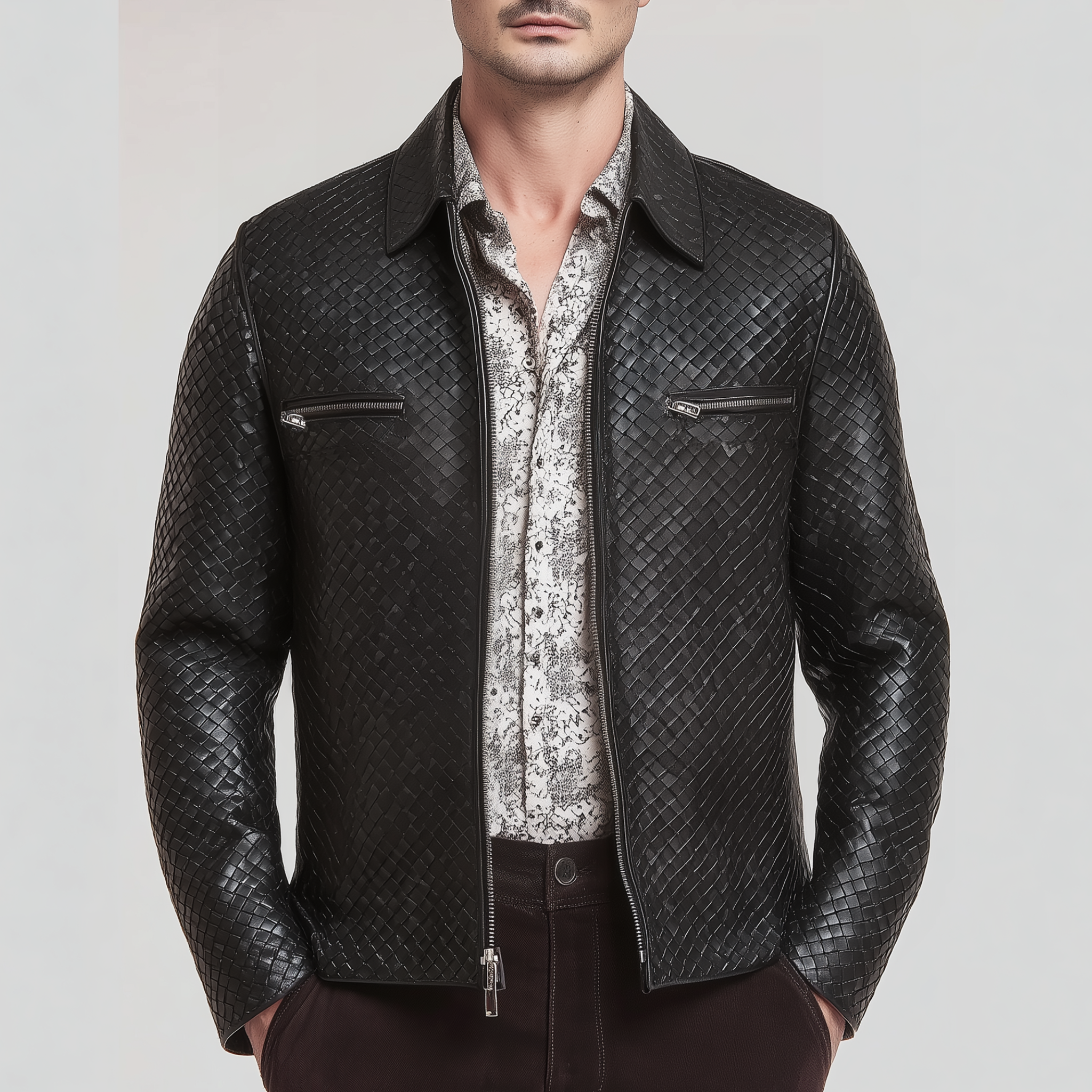 Men's Classic Casual Woven Textured Leather Zip-Up Jacket MTA1129H7K