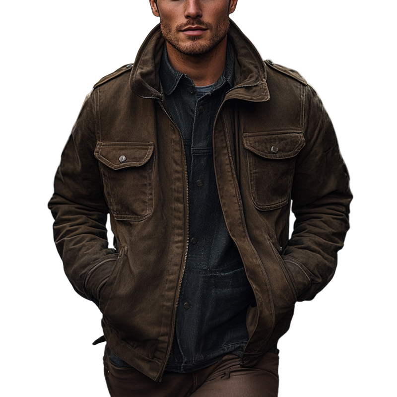 Men's Vintage Canvas Solid Lapel Zipper Jacket MTA1309I0X
