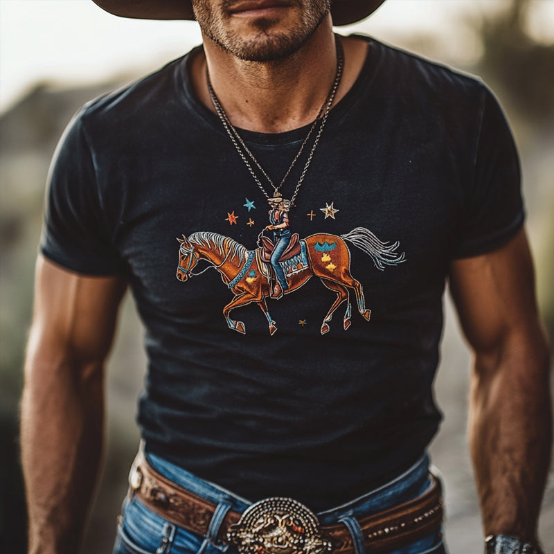 Herre t-skjorte med rund hals og korte ermer, vestlig cowboy-stil, trykk, MTA0307F2X