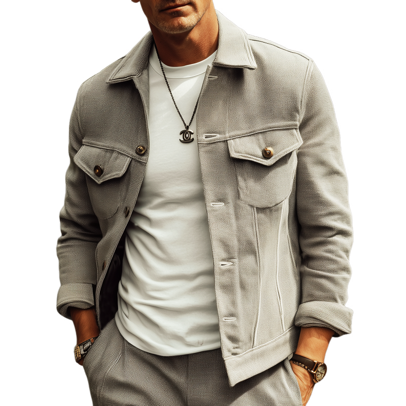Men's Spring And Autumn Basic Textured Button Lapel Jacket MTA1268H0U