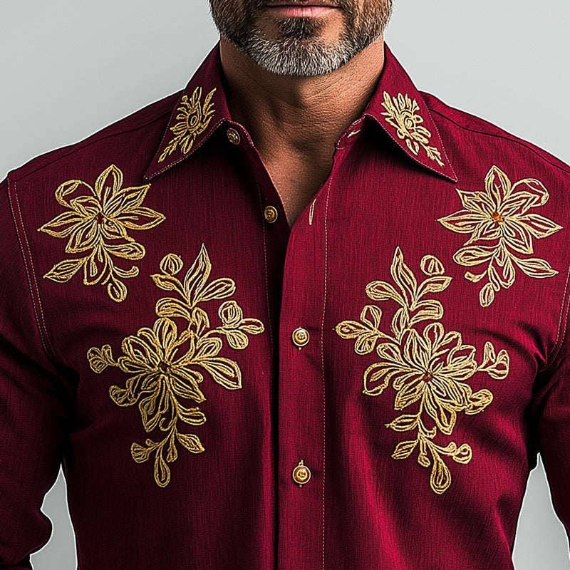 Men's Summer Fashion Floral Embroidery Cotton Long Sleeve Shirt MTA1593E2P