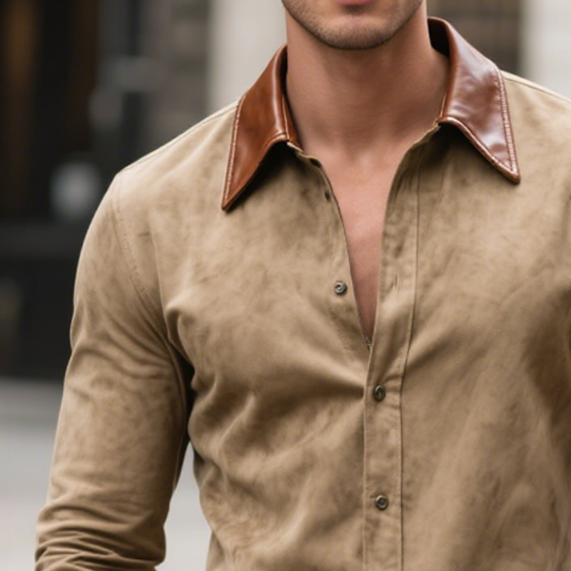 Men's Retro Casual Leather And Suede Lapel Long Sleeve Shirt MTA0874H2TO