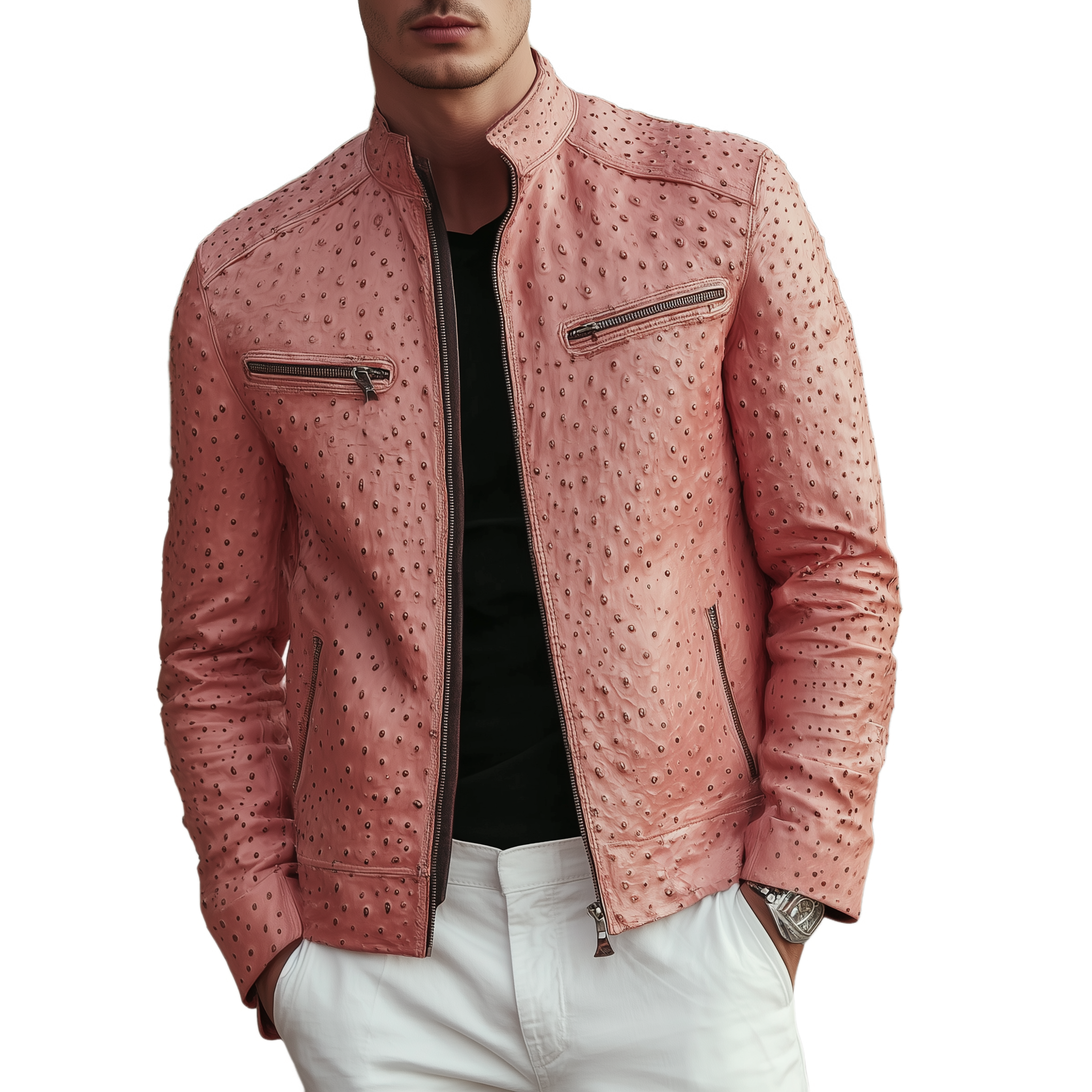 Men's Classic Retro Stand Collar Textured Pink PU Leather Slim Zipper Jacket MTA1646H9K
