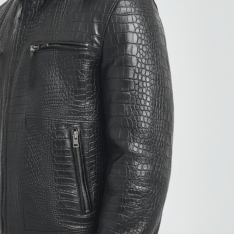 Men's Winter Fashion Glossy Crocodile-pattern PU Leather Mid-length Jacket MTA3016I1P