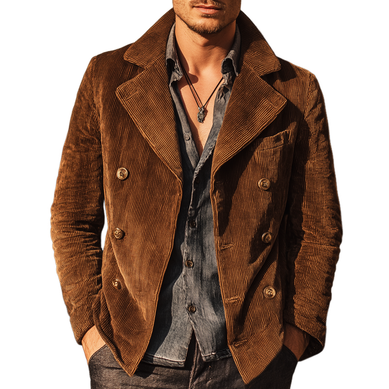 Men's Vintage Glossy Corduroy Double-breasted Jacket MTA1634J3U