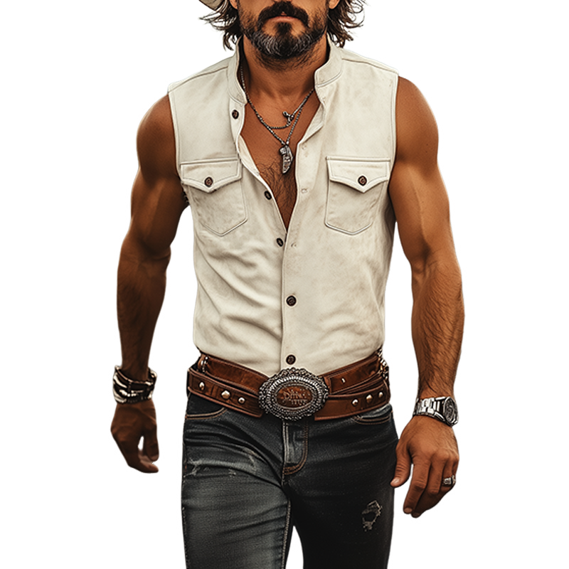 Men's Spring And Summer New Classic Retro Western Cowboy Style Suede Stand Collar Slim Sleeveless Shirt MTA0930E0K