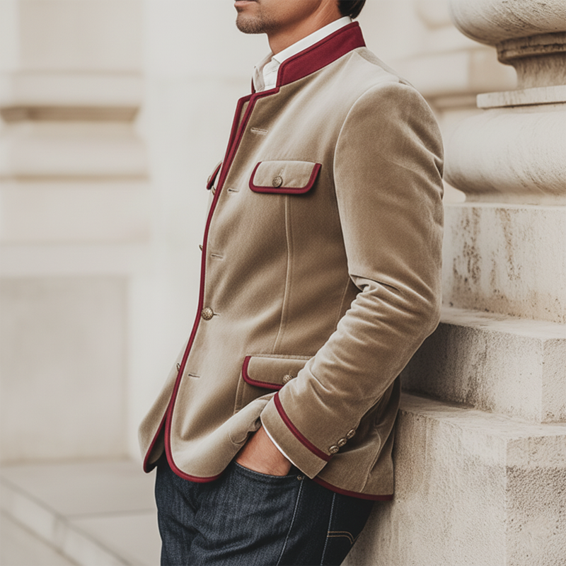 Men's Classic Velvet Stand Collar Trim Slim Fit Jacket MTA2515K5U