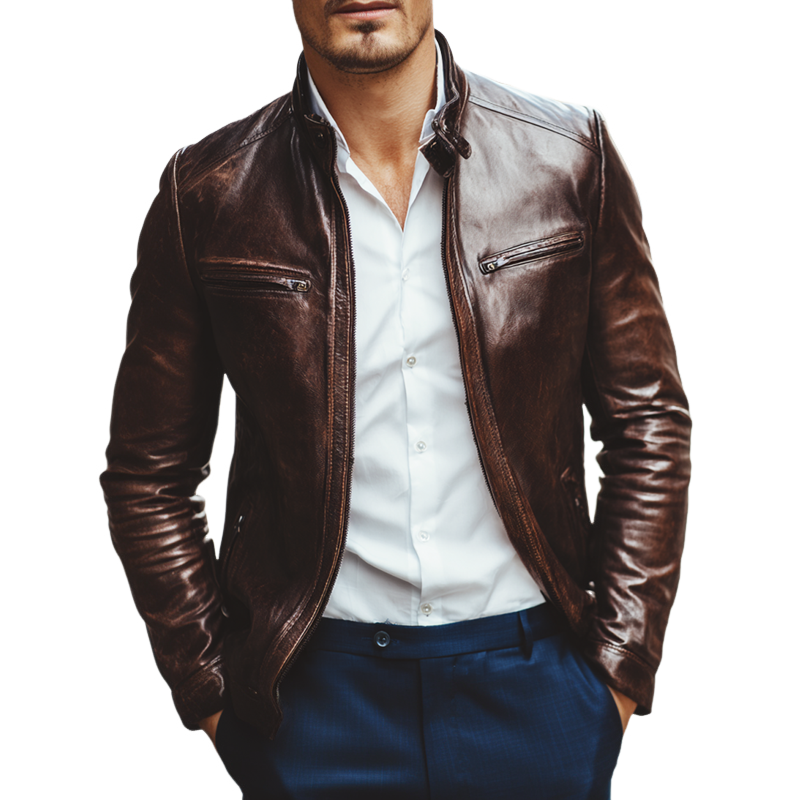 Men's PU Leather Stand Collar Multi-Pocket Zipper Motorcycle Jacket MTA0535I9Z