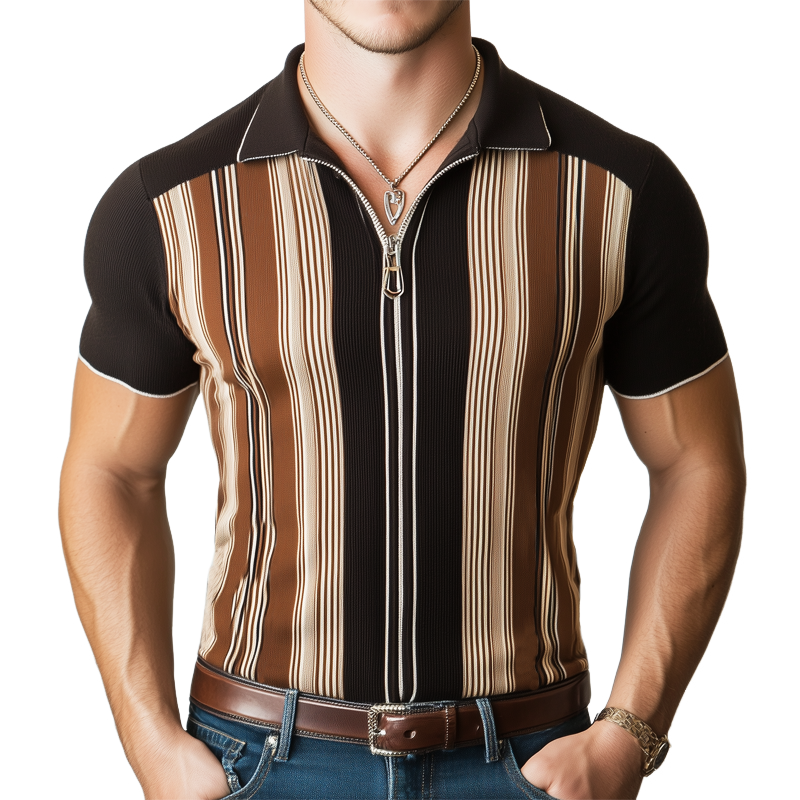 Men's Classic Striped Colorblock Knit Short Sleeve Zipper Polo Shirt MTA3002G1U