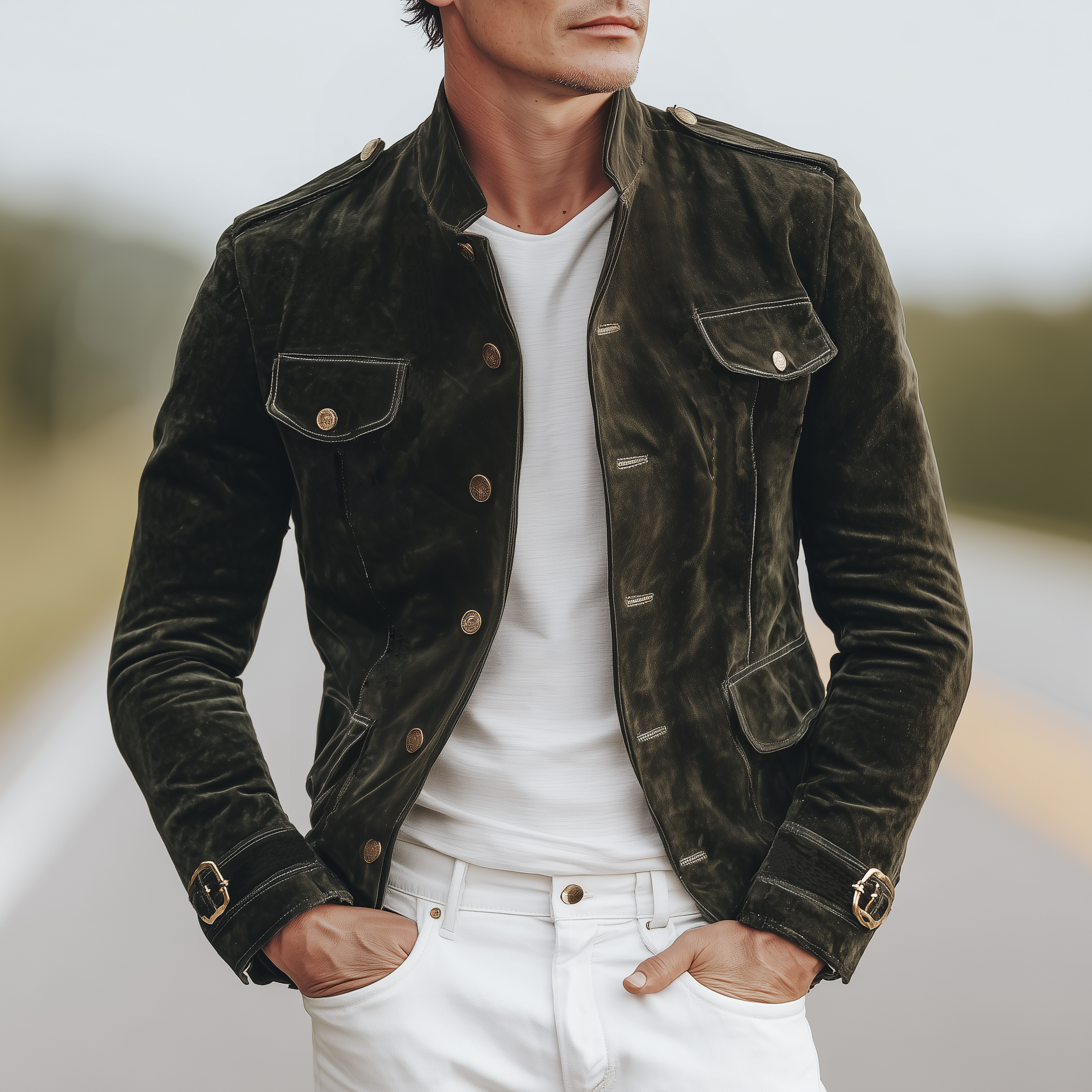 Men's Classic Retro Stand Collar Multi-pocket Suede Slim Jacket MTA3086H2K