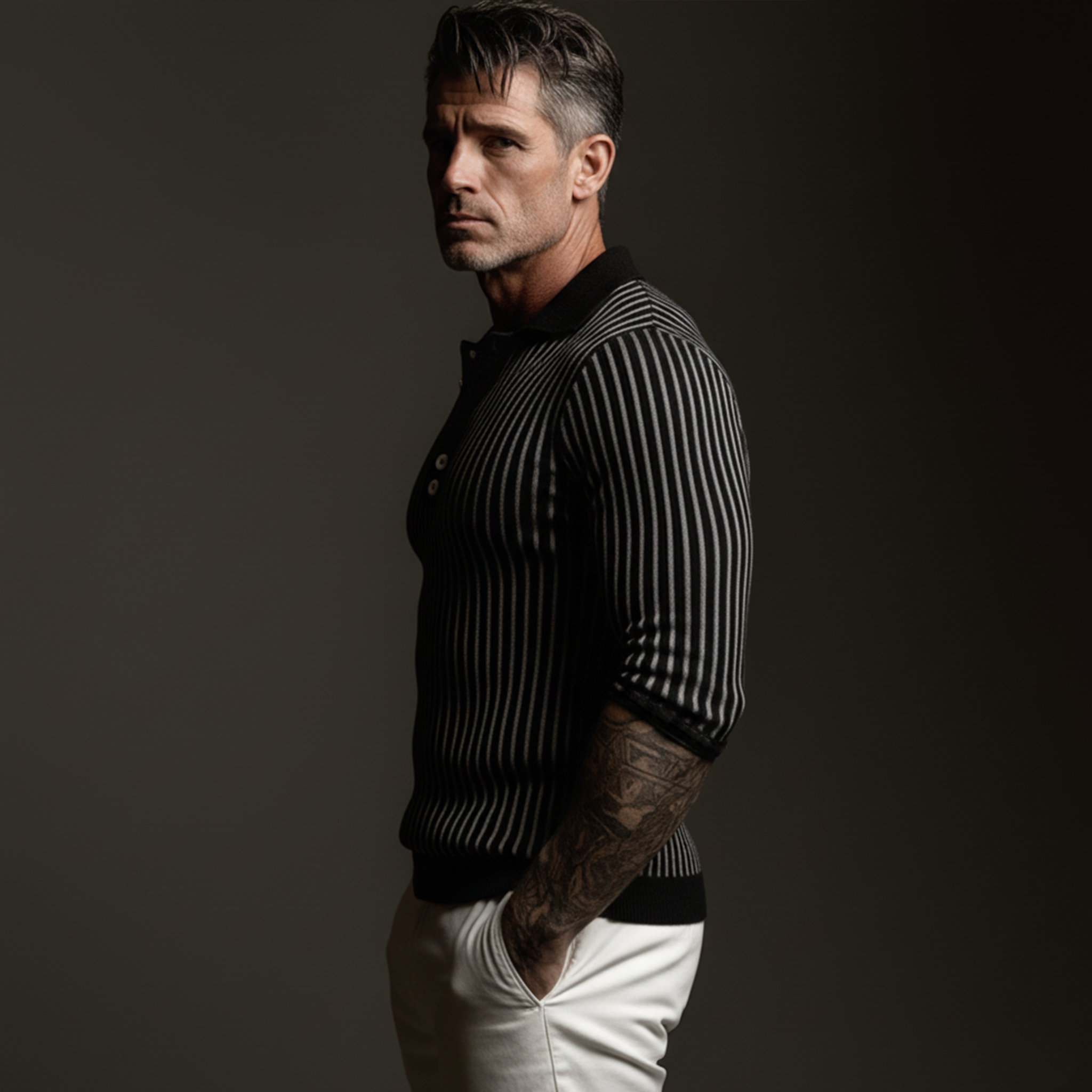 Men's Classic Polo Collar Black And White Striped Slim Fit Sweater MTA0760K5K