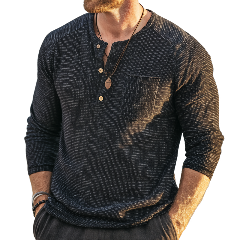 Men's Classic Three-Button Henley Collar Long Sleeve T-Shirt MTA0290H0U