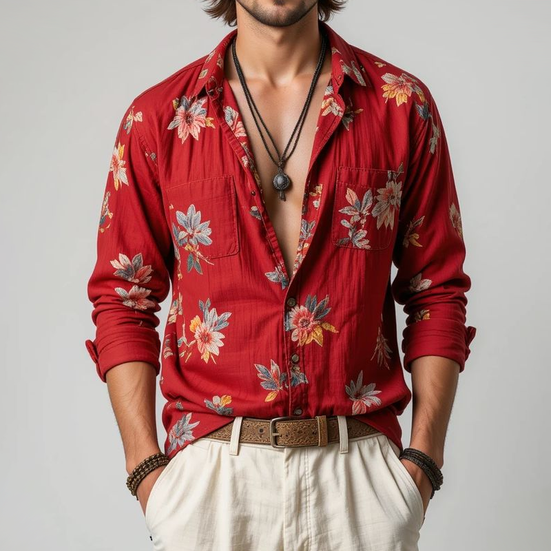 Men's Floral Lapel Chest Pocket Long Sleeve Shirt MTA2207G3Z