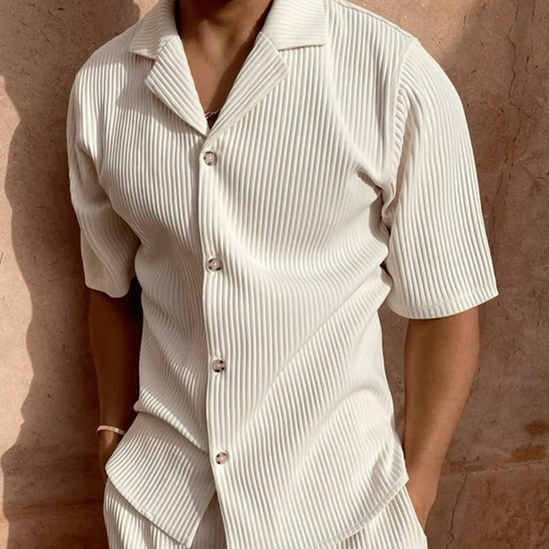 Men's Summer Classic Solid Color Corduroy Short-Sleeved Shirt And Shorts Set MTA1634F3U