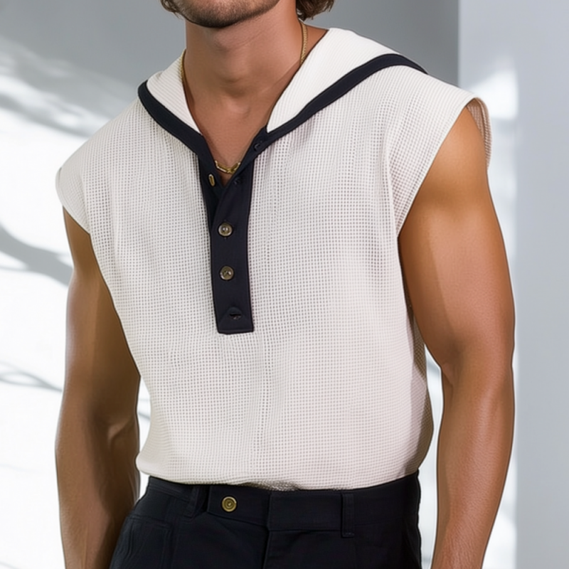Men's Casual Breathable Waffle Colorblock Henley Collar Hooded Loose Tank Top MTA2421F0M