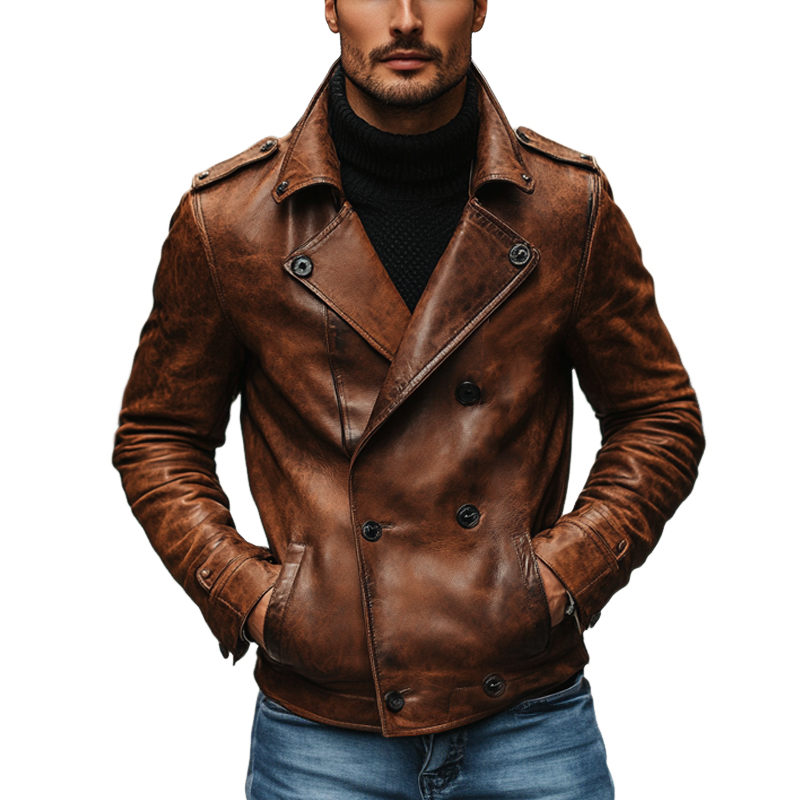 Men's Vintage Lapel Double Breasted PU Leather Jacket MTA2676I8X