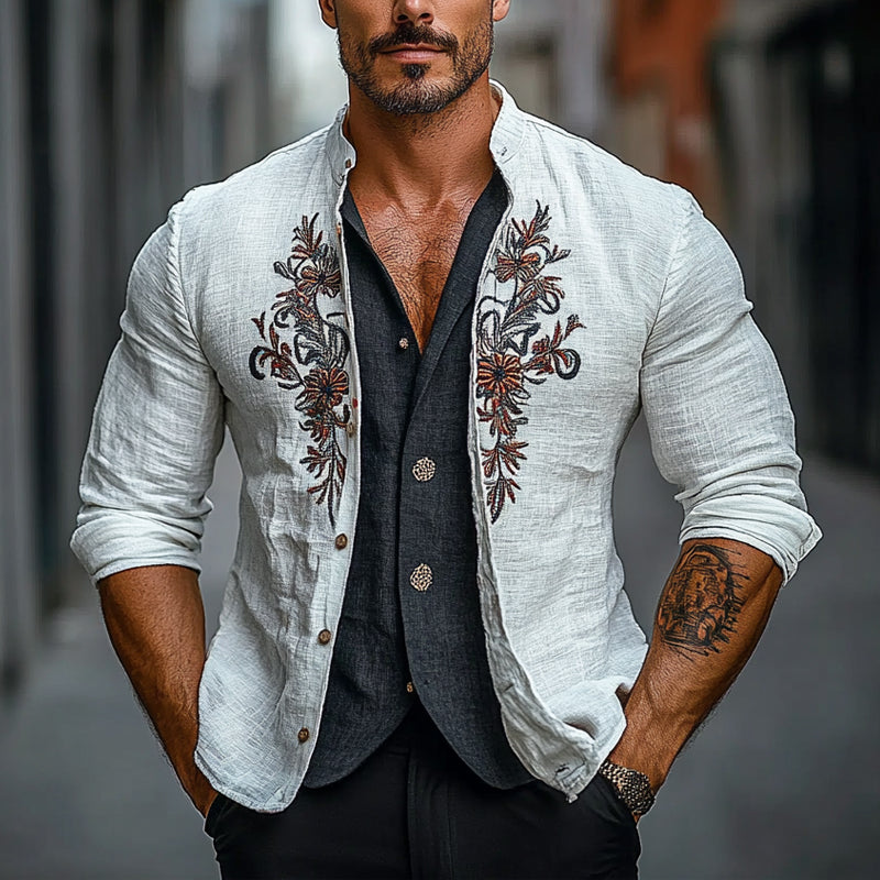 Men's Stand Collar Floral Embroidery Single Breasted Jacket 83911304X