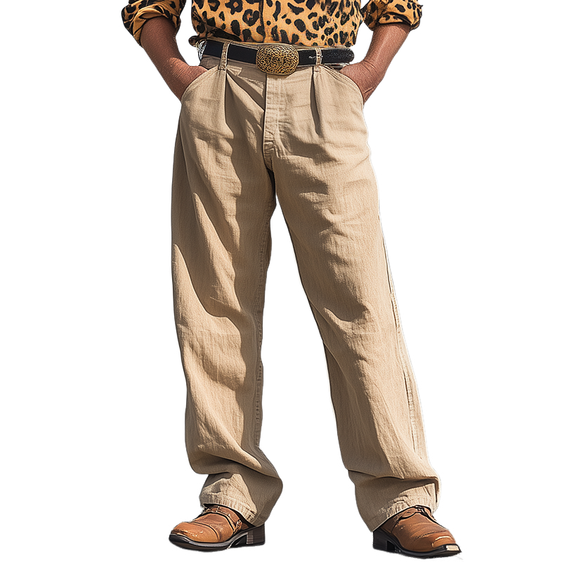 Men's Spring And Summer Fashion Western Cowboy Style Cotton And Linen Washed Loose Casual Pants MTA1676E2K