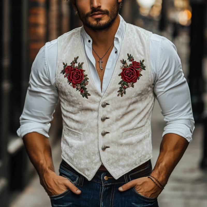 Men's Classic Casual American Retro Velvet Rose Embroidered Vest 97234017K