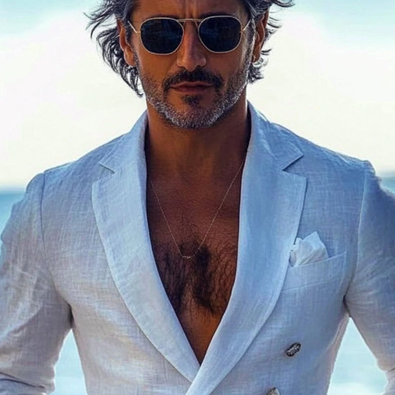 Men's Solid Color Thin Double-Breasted Cotton And Linen Blazer MTA0821E2X