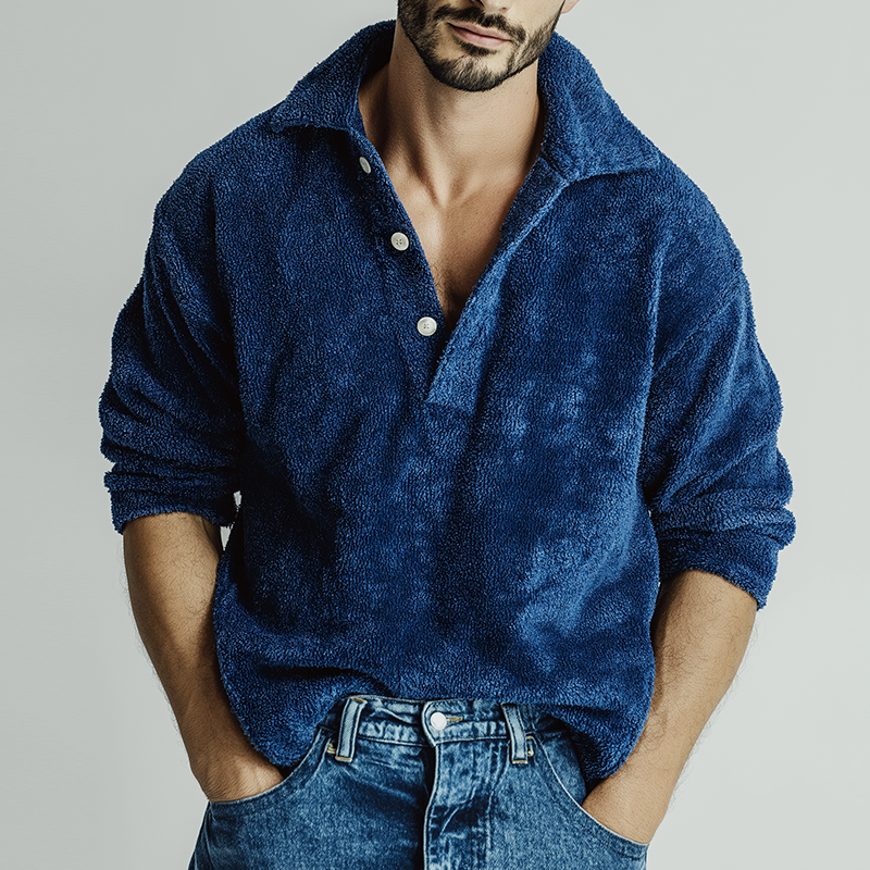 Men's Retro Casual Plush Pullover Collar Button-Up Sweatshirt MTA2898J8TO