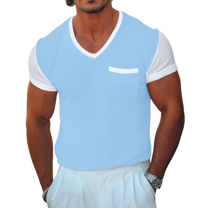 Men's Casual Breathable Cotton Colorblock V-neck Patch Pocket Slim Fit Short-sleeved T-shirt MTA0183G3M