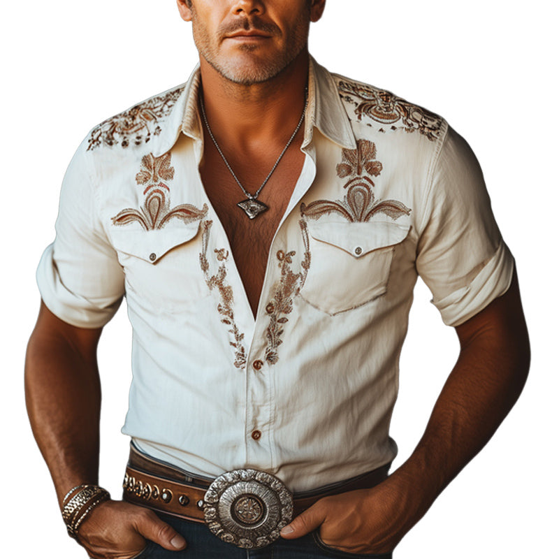 Herreskjorte med broderi i bomull, kortermet, i western-cowboystil, MTA2117E8U