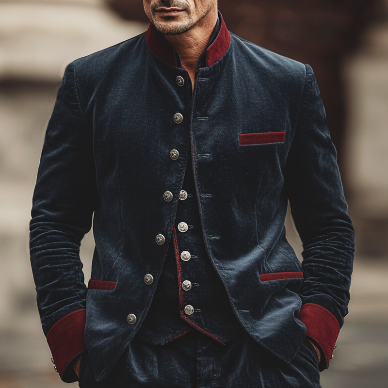 Men's Retro Stand Collar Velvet Color Block Slim Fit Jacket MTA1283L0U
