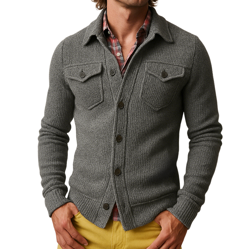 Men's Retro Casual Solid Color Knitted Lapel Long Sleeve Shirt Jacket MTA0614H9TO