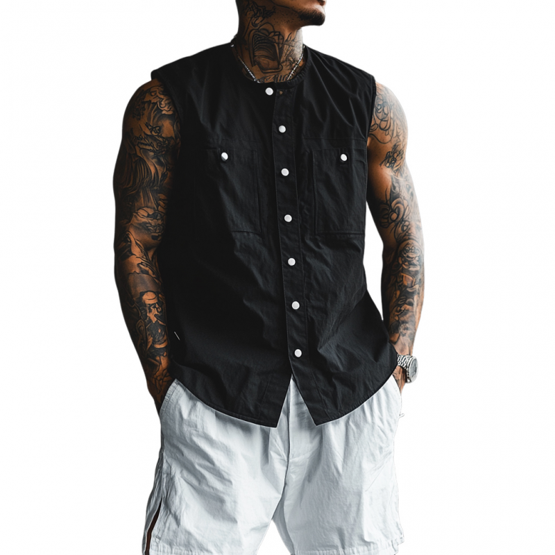 Men's Casual Breathable Cotton Round Neck Iron Single Breasted Loose Sleeveless Shirt MTA2665E3M