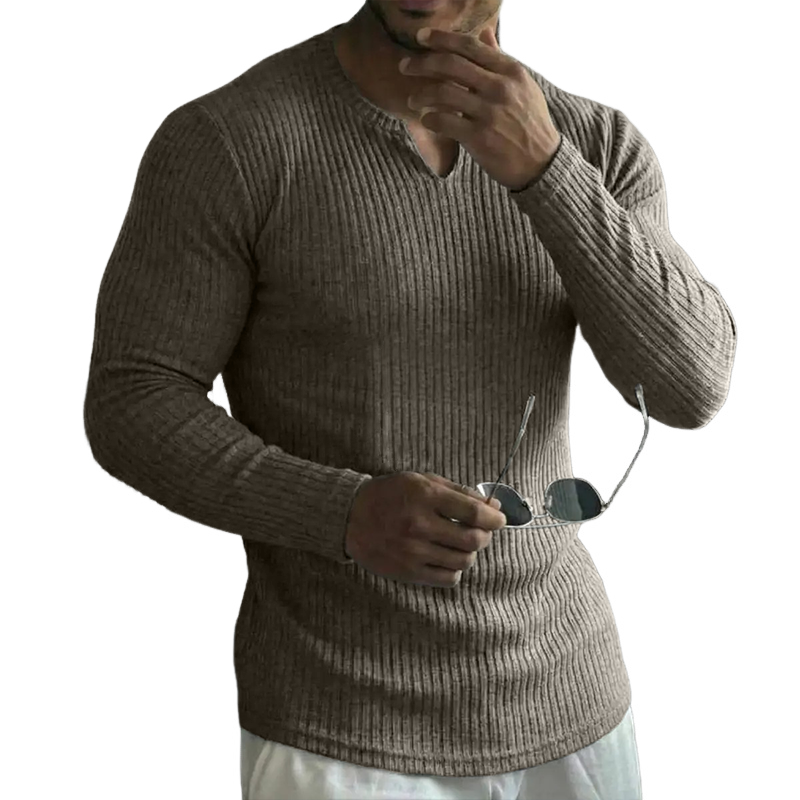 Men's Retro Casual Solid Color Ribbed V-Neck Long Sleeve T-Shirt MTZ1154B0TO