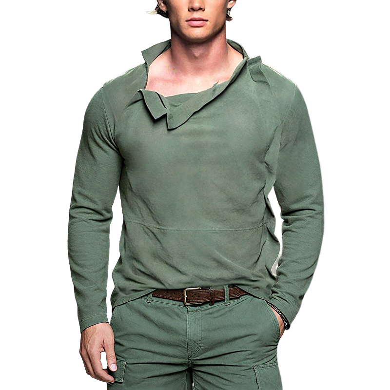 Men's Solid Color Irregular Collar Long Sleeve Washed Cotton T-shirt MTA0432H4Z