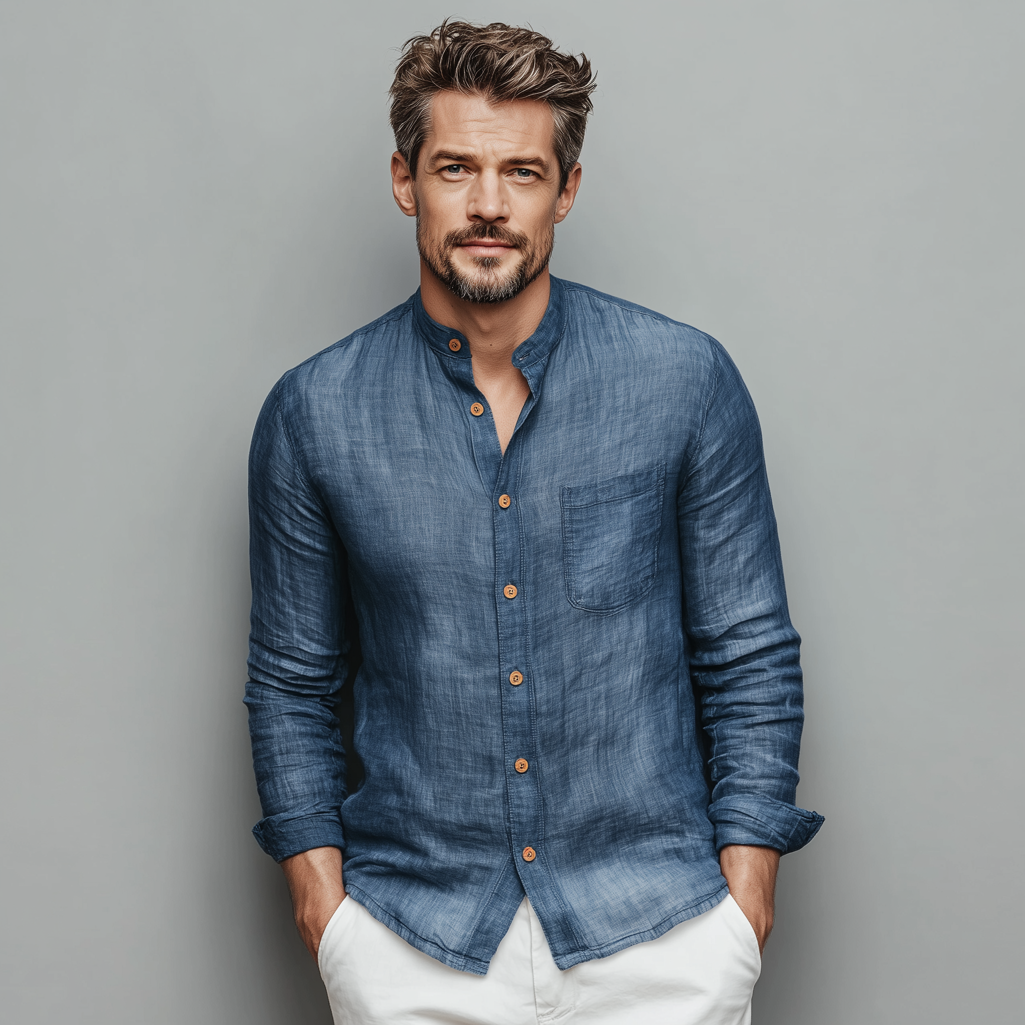 Men's Classic Casual Tencel Cotton Stand Collar Long Sleeve Shirt MTA2884G9K