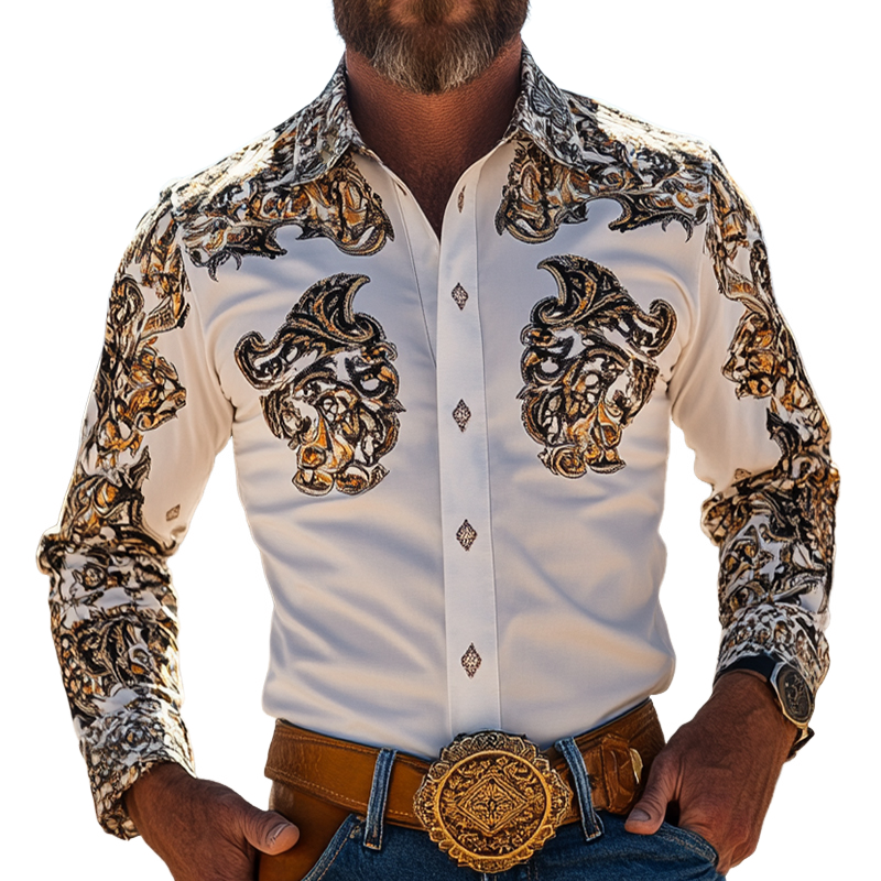 Men's Retro Western Cowboy Style Printed Lapel Long Sleeve Shirt MTA0622E2TO