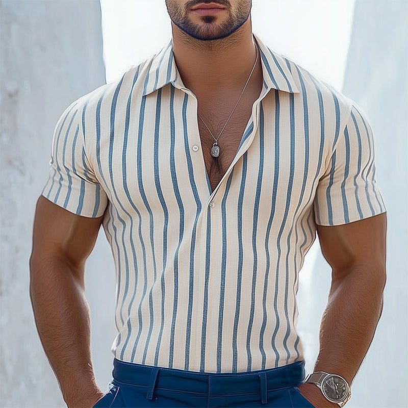 Men's Summer Casual Vertical Stripe Polo Neck T-Shirt MTA0640E2U