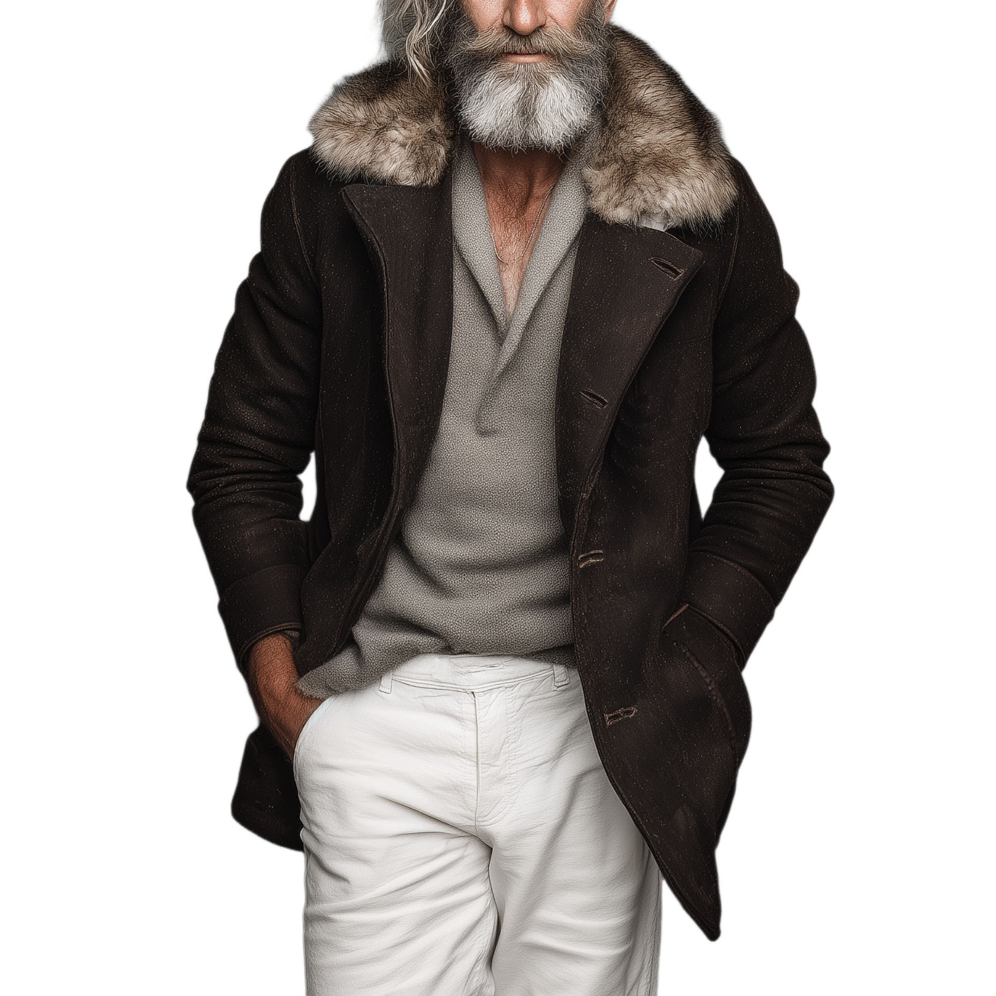 Men's Classic Vintage Faux Wool Single-breasted Thigh-length Coat (with Detachable Faux Fur Collar) MTA2532I3K
