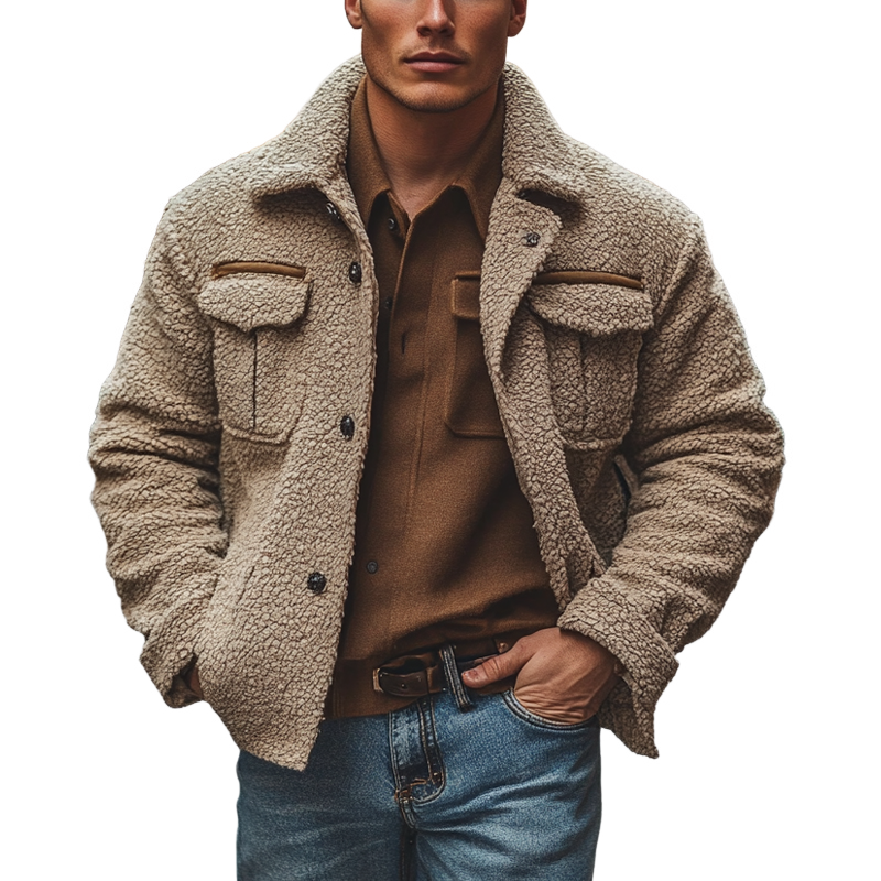 Men's Solid Color Polar Fleece Lapel Single-breasted Jacket MTA2257I9X
