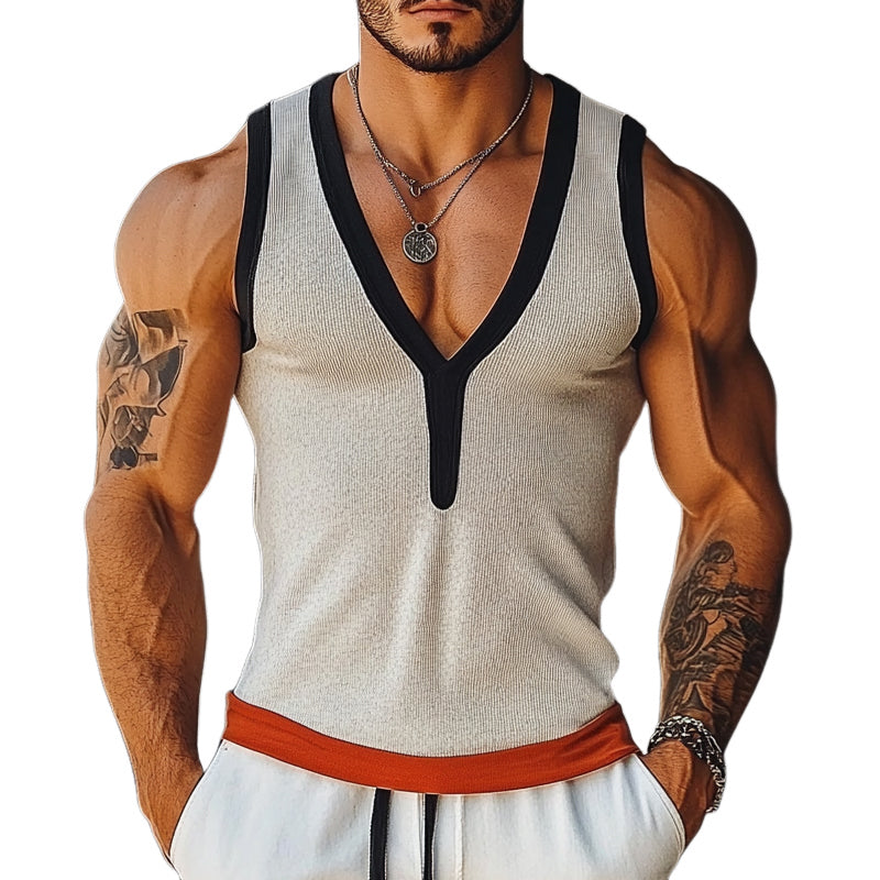 Men's Summer Casual Contrast Color Knitted V-Neck Tank Tops MTA2224E3X