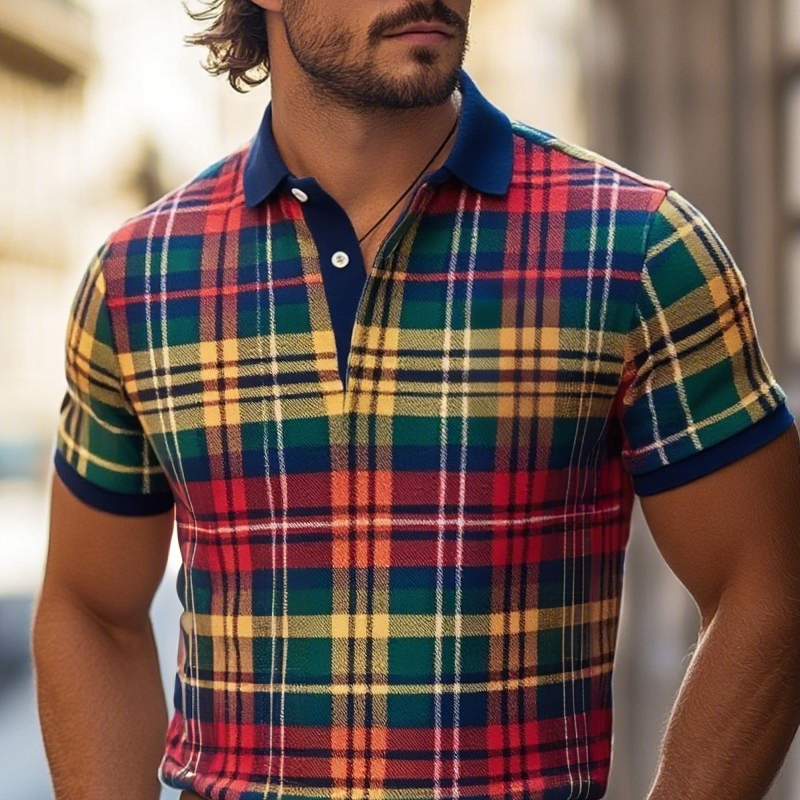 Men's Plaid Lapel Short Sleeve Polo Shirt MTA1325F8Z
