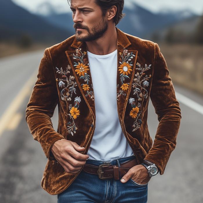 Men's Classic Retro Slim Fit Single Breasted Faux Velvet Embroidered Blazer 43171298K