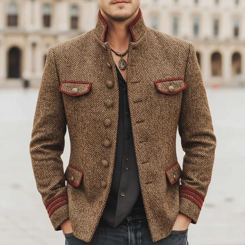 Men's Retro Stand Collar Multi-Button Herringbone Faux Wool Jacket MTA1419K1U